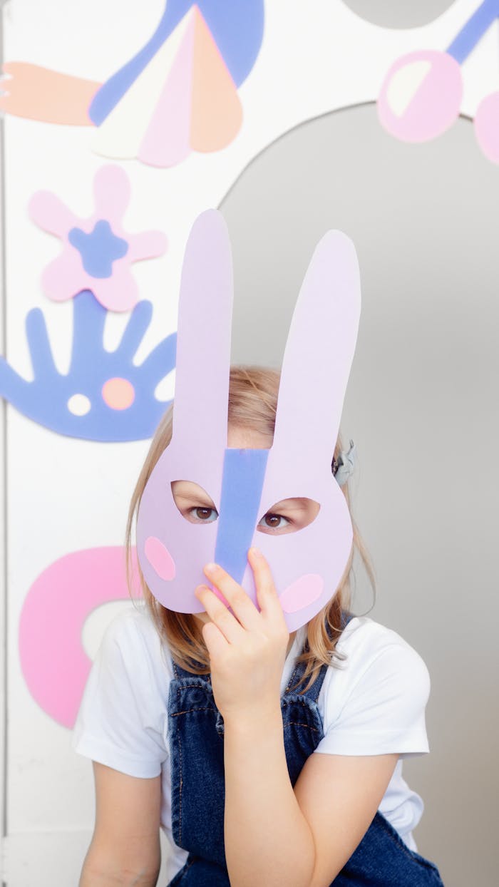 Girl Covering Her Face With a Cutout Animal Mask